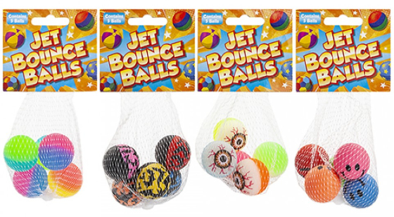 PALLINE SFERE RIMBALZANTI 28mm In sacchetto a rete da 5pz -ass …x24…x144